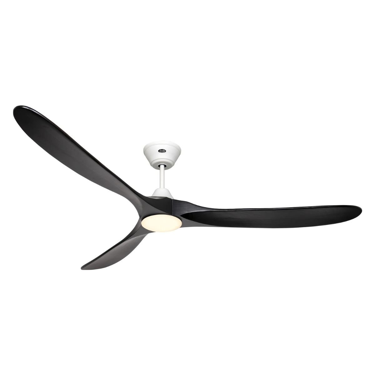 Ventilateur mural ou plafond noir à trois pales, design moderne, motoré silencieux et puissant, avec support blanc.