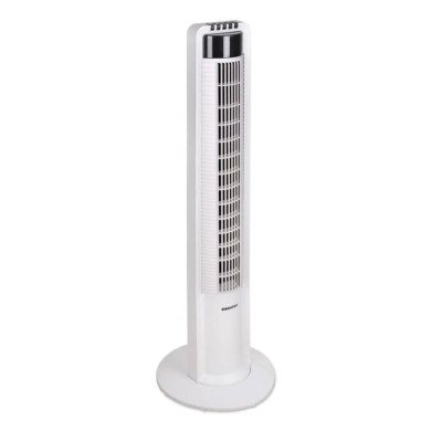 Ventilateur sur pied blanc et élégant, colonne élancée avec grille et socle ronde, design minimaliste. meilleur ventilateur sur pied silencieux intégrée.