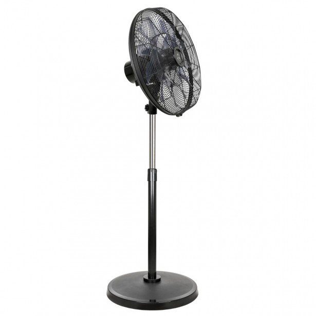 Ventilateur sur pied noir, silencieux, réglable en hauteur avec base circulaire et tête inclinable. Pour le calme été.