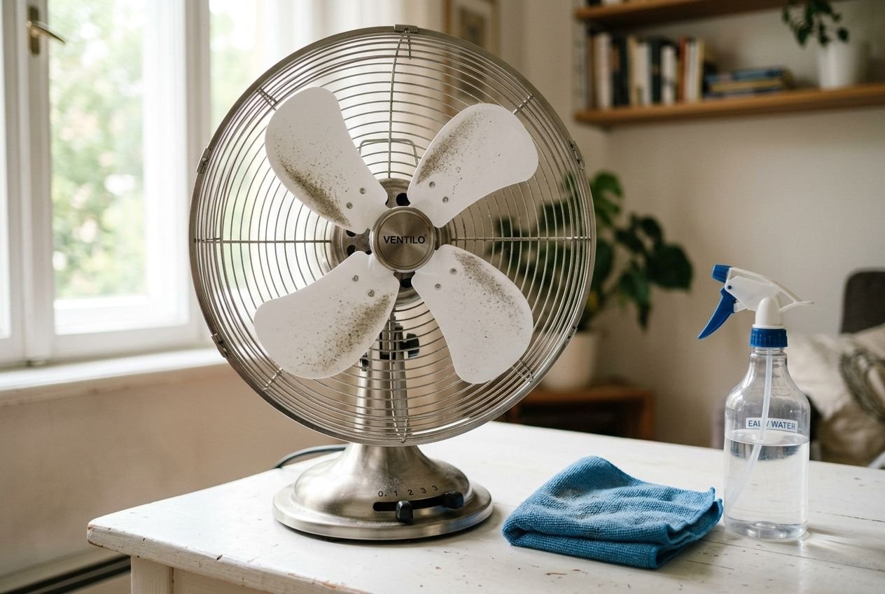 Ventilateur sur pied propre avec chiffons bleus et spray nettoyant à côté, prêt pour le nettoyage des pales. Comment nettoyer les pales d'un ventilateur sur pied.