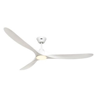Ventilateur de plafond blanc à trois branches avec moteur suspendu, silencieux et léger, prêt à être installé.