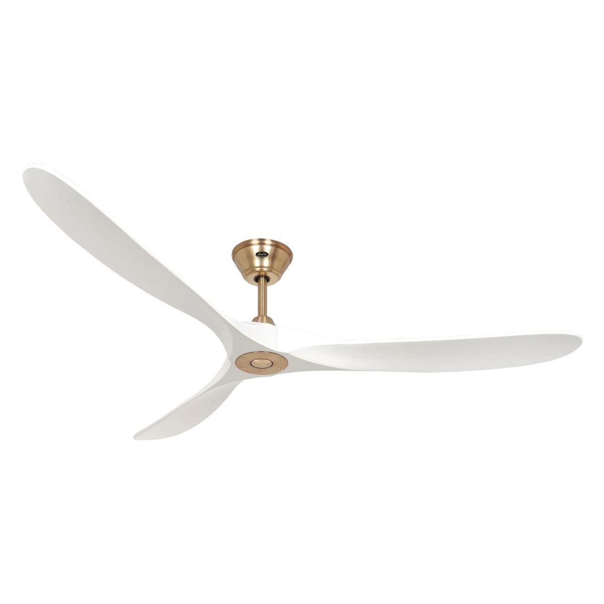 Ventilateur de plafond blanc à trois pales avec fixation dorée, prêt à être installé soi-même sans danger.