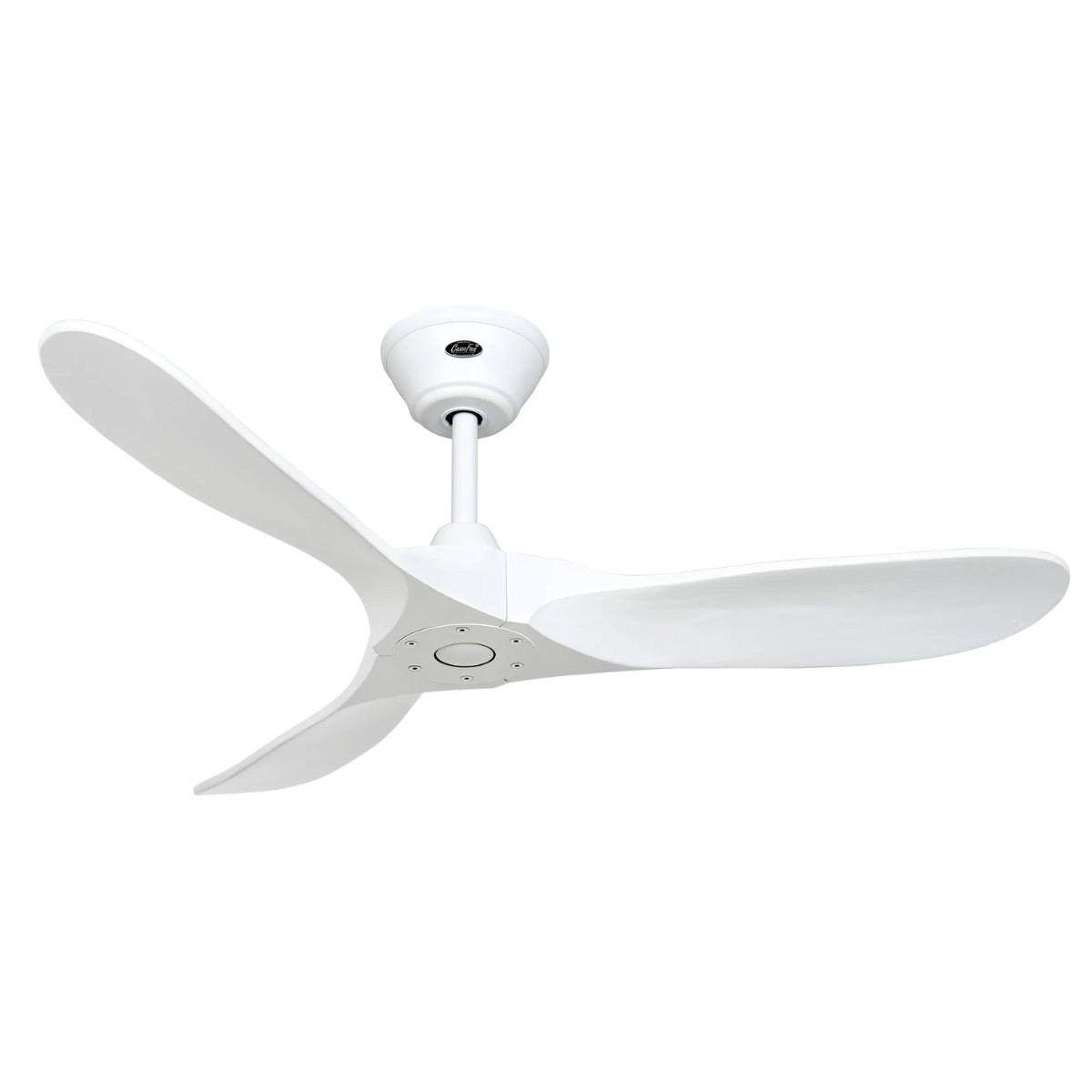 Ventilateur de plafond blanc à trois pales, montage au plafond, design moderne, élément phare de la marque allemande de ventilateurs de plafond.