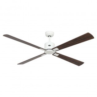 Ventilateur de plafond blanc avec quatre pales en bois, hub central et montage au plafond. Comment réduire le bruit d'un ventilateur de plafond.