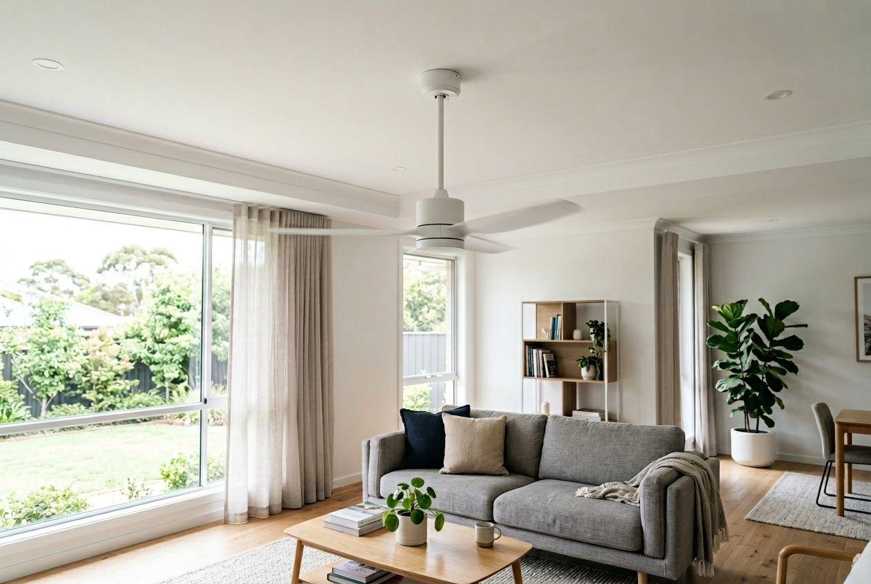 Ventilateur de plafond blanc dans un salon lumineux, esprit scandinave avec canapé gris et plantes vertes. qu'est-ce qu'un ventilateur dc peut être exploré ailleurs.