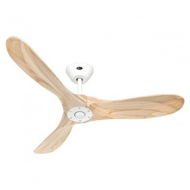 Ventilateur plafond en bois, trois pales, fixations blanche et moteur suspendu au centre. Intègre le concept de comment fonctionne un destratificateur d'air.