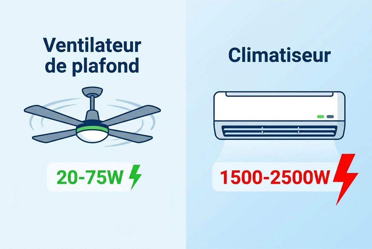 Ventilateur de plafond et climatiseur affichés, avec consommation estimée: 20-75W pour le ventilateur et 1500-2500W pour le climatiseur, illustrant l’efficacité du ventilateur contre la chaleur