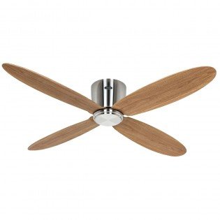 Ventilateur de plafond au design minimal avec trois pales en bois et fixation métallique centrale. Choisir la taille d'un ventilateur de plafond selon l’espace.