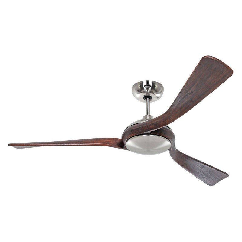 Ventilateur au plafond au design moderne à trois pales en bois, bras et moteur visibles. Pourquoi mon ventilateur fait un bruit bizarre.