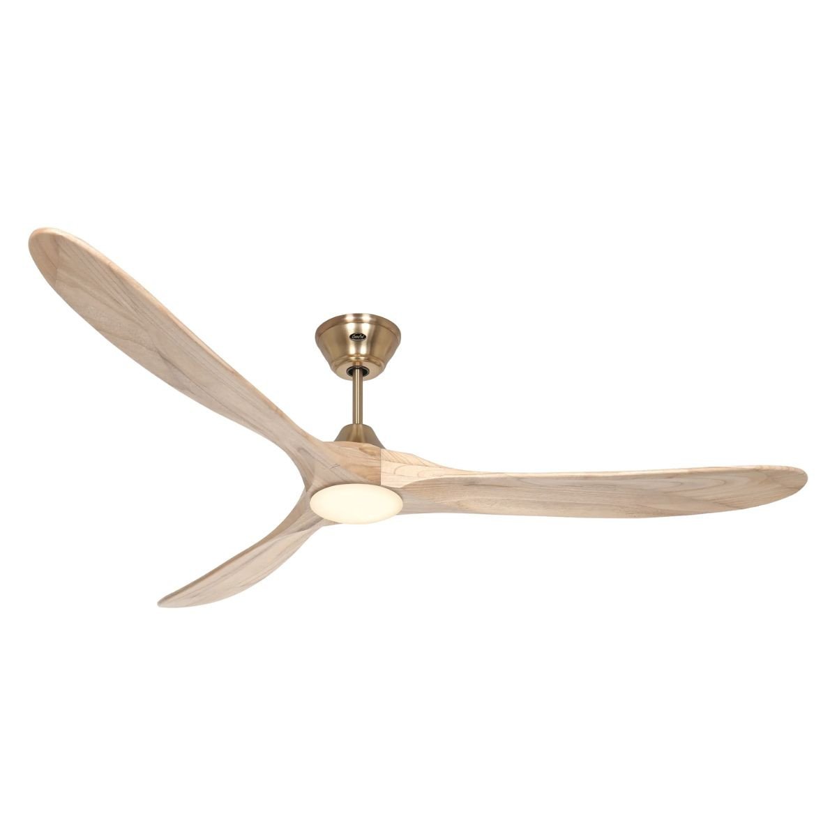 Ventilateur de plafond au design moderne avec pales en bois etSupport fixé au plafond.