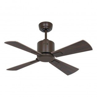Ventilateur de plafond en mode hiver et été: hélices bronzes et bloc-ceinture sombre, fixations au plafonnier.
