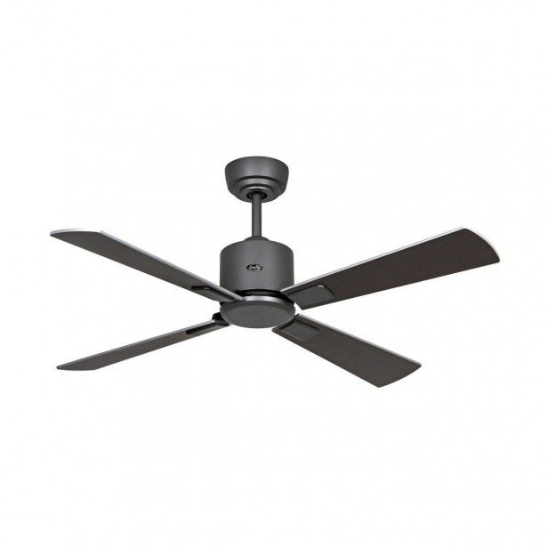 Ventilateur de plafond moderne à faible bruit avec fixation au plafond et hélices noires, sans lampe intégrée.