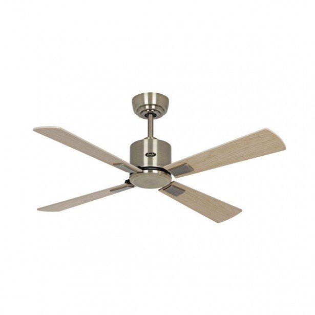 Ventilateur plafond moderne à quatre pales en bois, fini inox et support suspendu. Installer destratificateur de plafond idéal.
