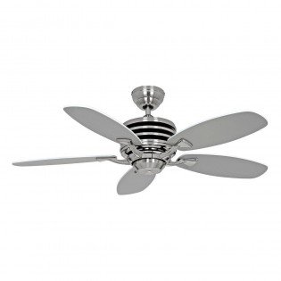Ventilateur de plafond moderne en acier inox avec quatre pales et moteur compact, design élégant et silencieux. Différence entre un ventilateur AC et DC expliquée sur la page.