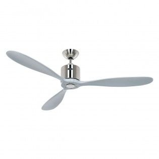 Ventilateur de plafond moderne, inclinable, posé au plafond, briquet métallique brillant et pales grises. Destratificateur plafond économies chauffage mentionné indirectement.