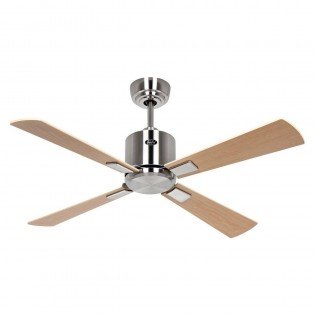 Ventilateur de plafond moderne en métal avec quatre pales en bois naturel et fixations chromées. Comment choisir un ventilateur adapté à mes besoins