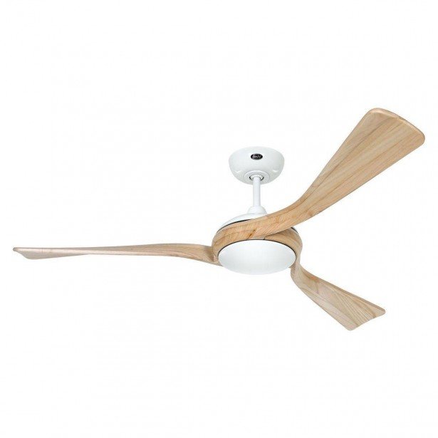 Ventilateur de plafond moderne avec pales en bois et motorisation blanche, suspendu au plafond. Différence entre ventilateurs ac et dc évoquée.