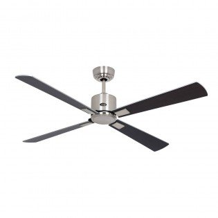 Ventilateur de plafond moderne avec quatre pales et moteur suspendu au plafond. Ampoules LED adaptées aux ventilateurs de plafond suggérées pour l’éclairage.
