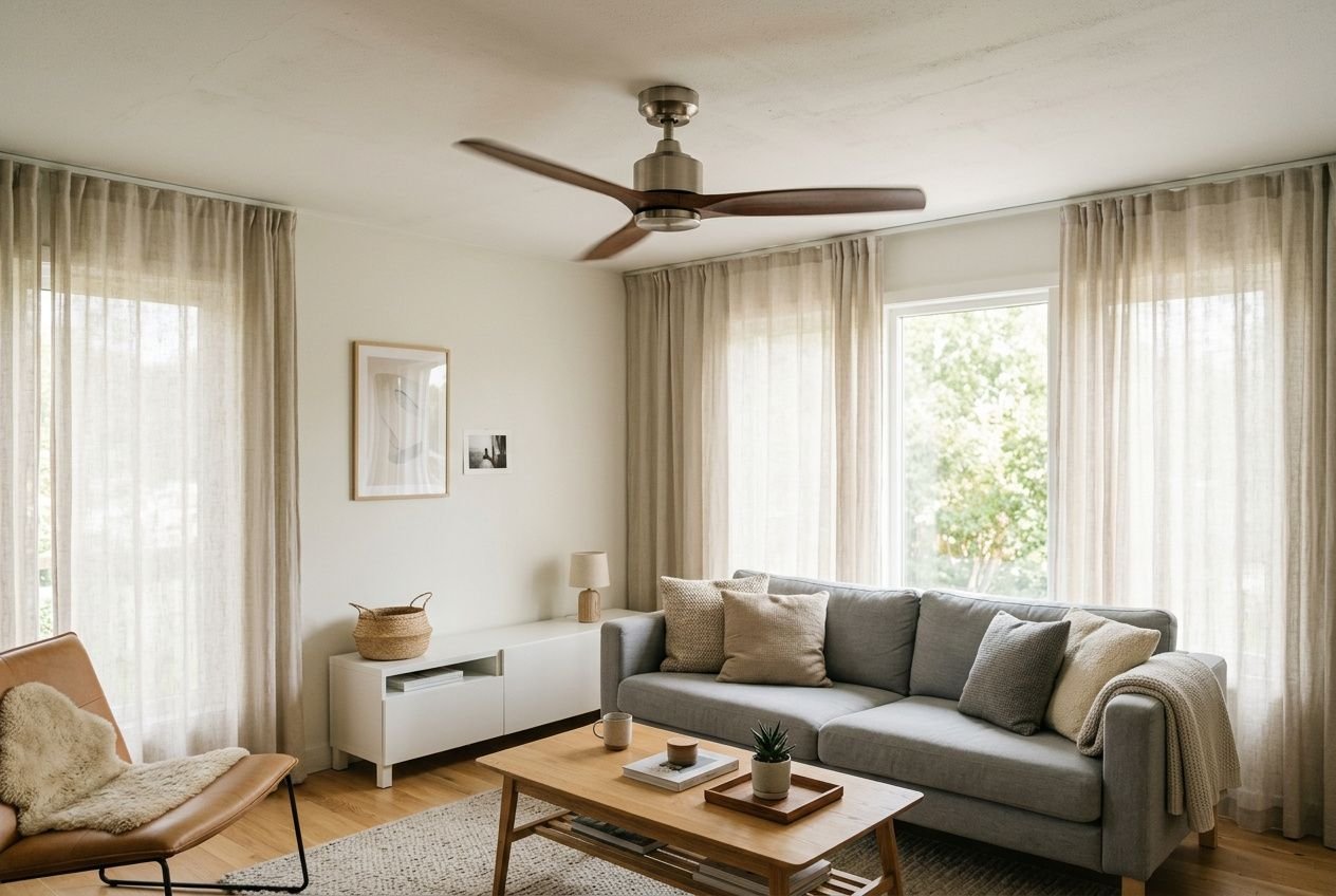 Ventilateur de plafond moderne dans un salon lumineux, avec canapé gris, meubles blnds et rideaux légers.