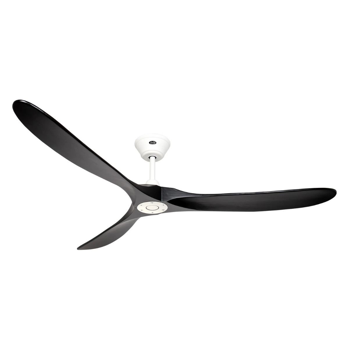Ventilateur de plafond professionnel à trois pales noir, montage suspendu au support blanc, typique d’un déstratificateur plafond restaurant professionnel.