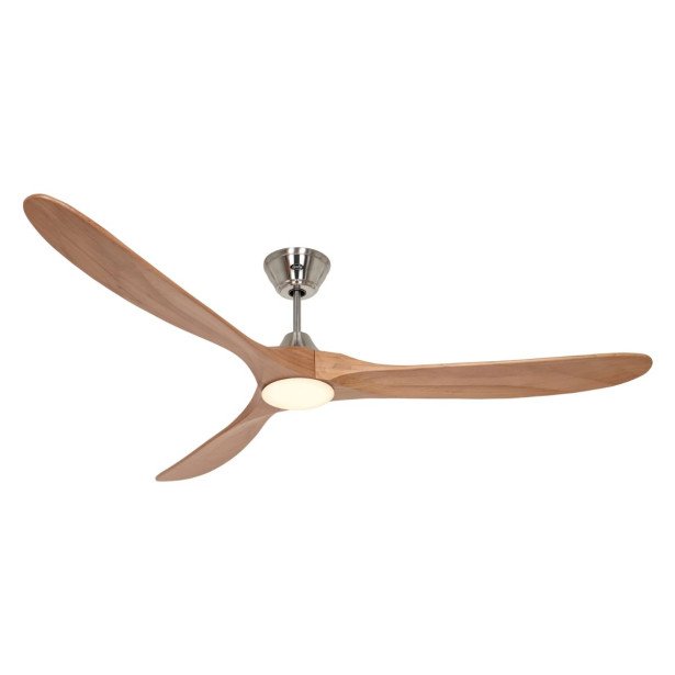 Ventilateur de plafond silencieux wifi design moderne avec pales en bois et support métallique, vue aérienne.