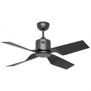 Ventilateur plafond silencieux wifi au design noir avec moteur DC et quatre pales, montage au plafond.