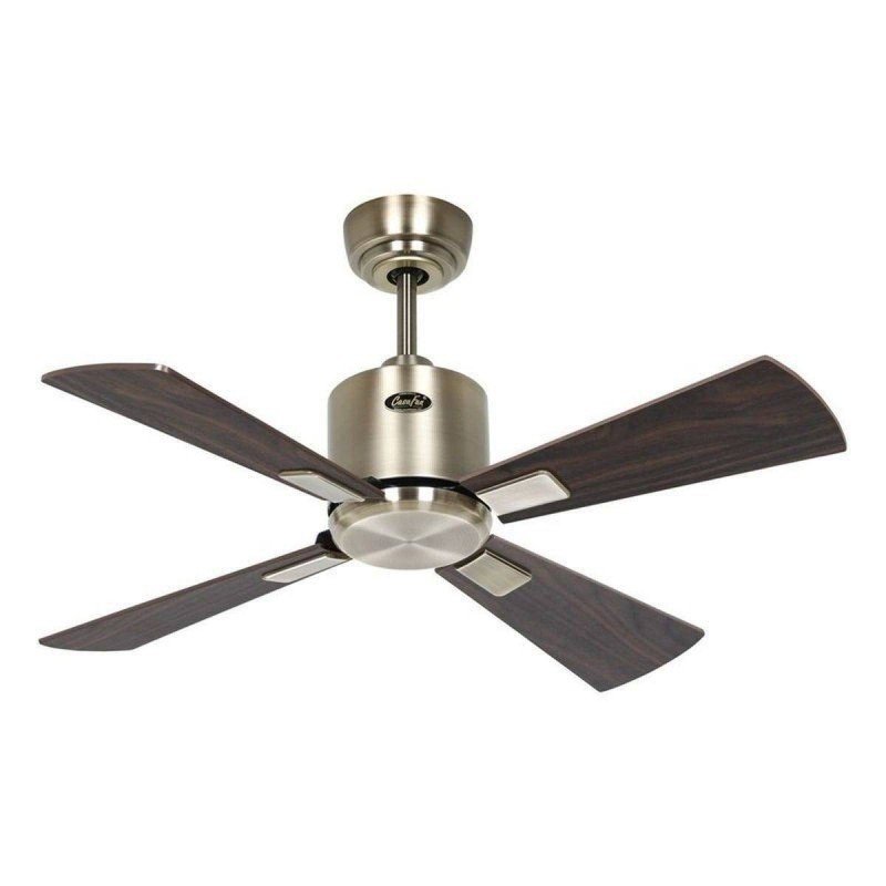 Ventilateur de plafond au style moderne à quatre pales en bois, fixé au plafond par une monture métallique et un adaptateur central. Lubrifier ventilateur de plafond ou non indiqué.