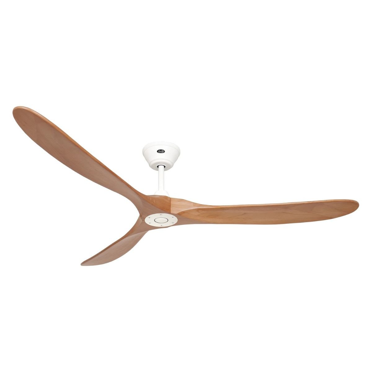 Ventilateur de plafond au style moderne avec hélices en bois et support au plafond blanc. alt text: Consommation électrique d'un ventilateur de plafond en 24 heures.