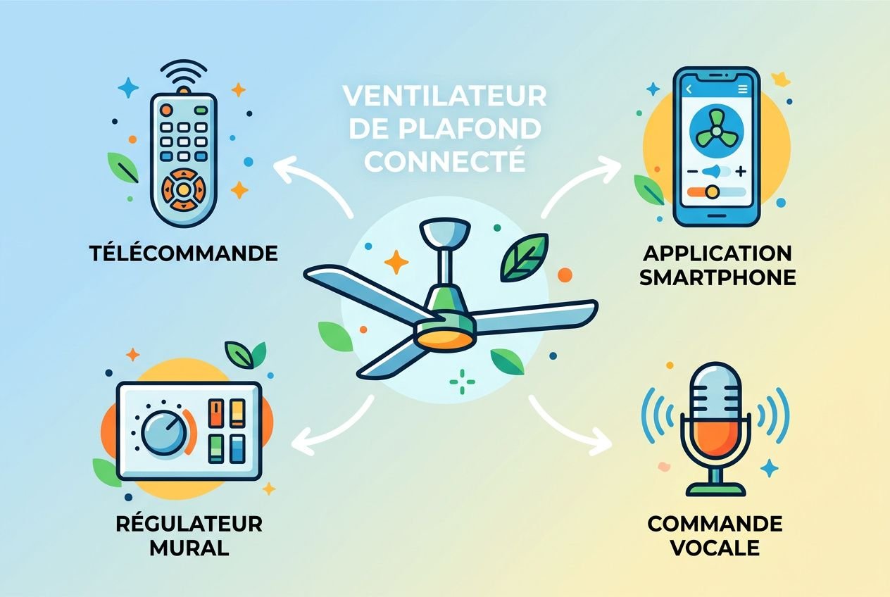 Ventilateur de plafond wifi illustré comme cœur connecté avec télécommande, application smartphone, régulateur mural et commande vocale.