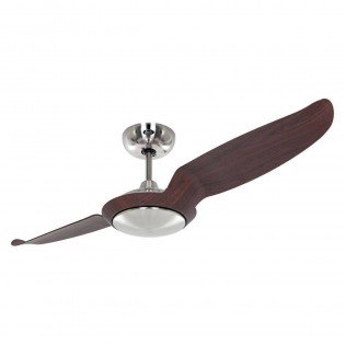 Ventilateur plafonnier au design moderne avec hélice en bois et luminaire intégré.
