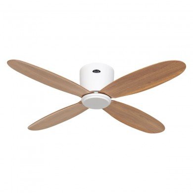 Ventilateur posé au plafond avec trois pales en bois et moteur blanc, vue claire sur le corps central. Différence entre ventilateurs ac et dc indiquée pour guider le choix.